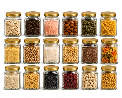 Pure Source India 150gm, Square Glass Jar with Gold Lug Cap | Airtight Food Storage Jar for Honey, Jam, Pickles, Spices & Preserves