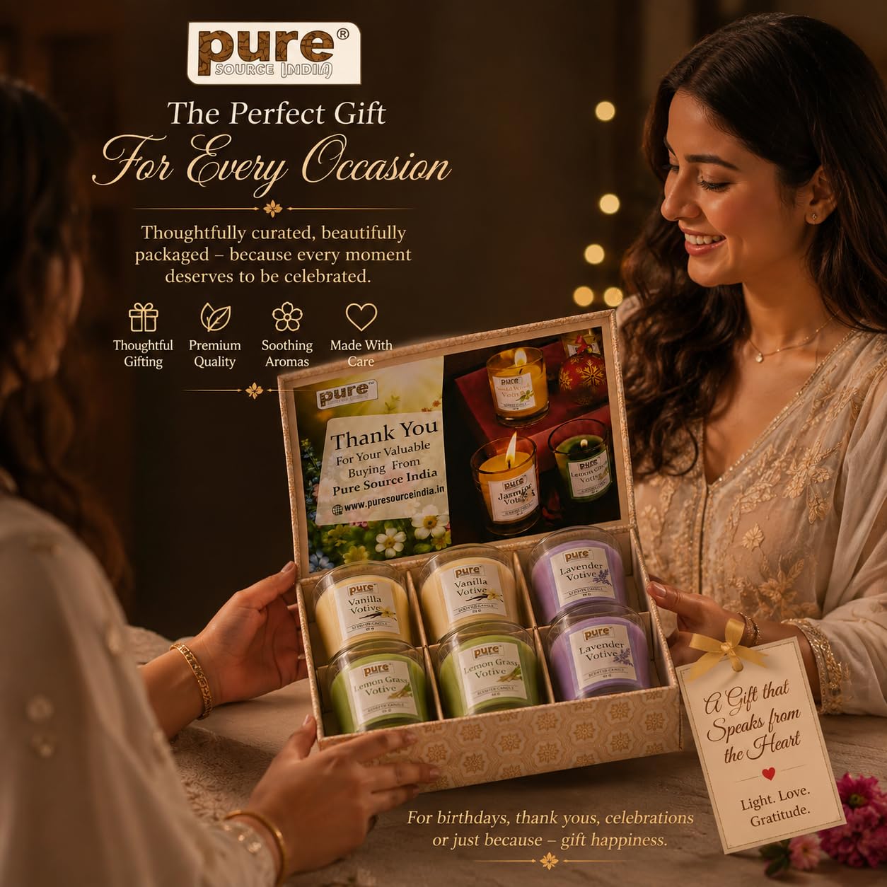 Pure Source India Scented Votive Candle Gift Set of 6 (50g Each) | Premium Glass Jar Candles for Home Décor, Bedroom, Spa, Meditation & Gifting (Vanilla, Lemongrass, Lavender)