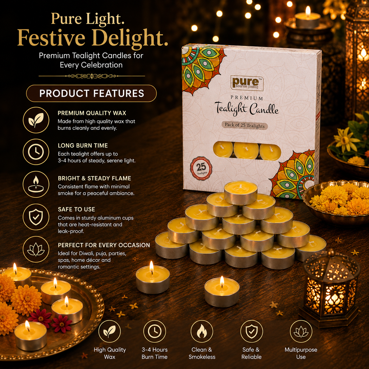 Pure Source India Scented Sandalwood Tea Light Candles Pack of 25 | Fragrance Tealights for Home Decor, Meditation, Pooja, Diwali, Parties & Aromatherapy | Long-Lasting Decorative Candles