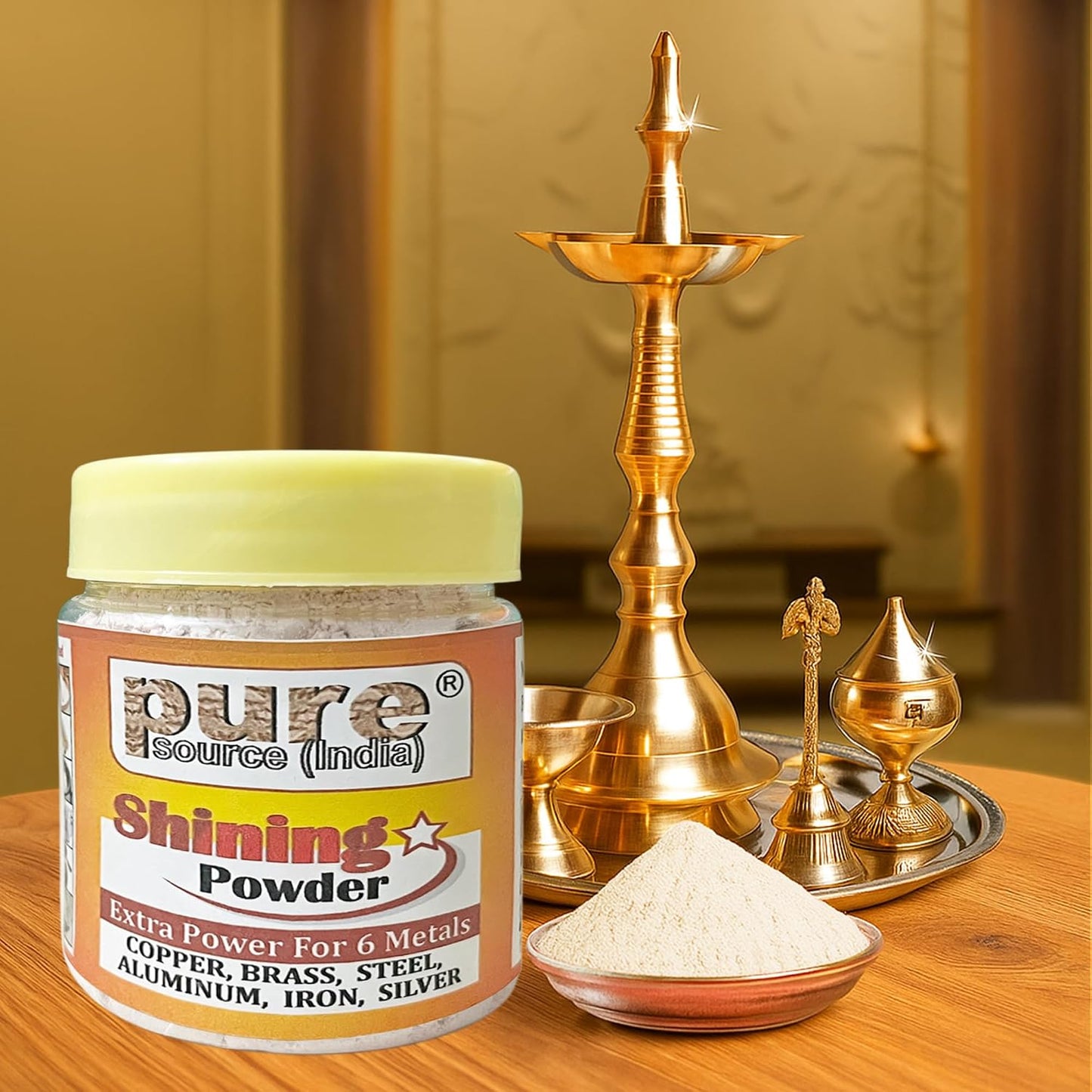 Pure Source India Shining Powder for Brass & Copper | Metal Cleaner for Utensils & Pooja Items | Removes Stains & Restores Shine -100GM