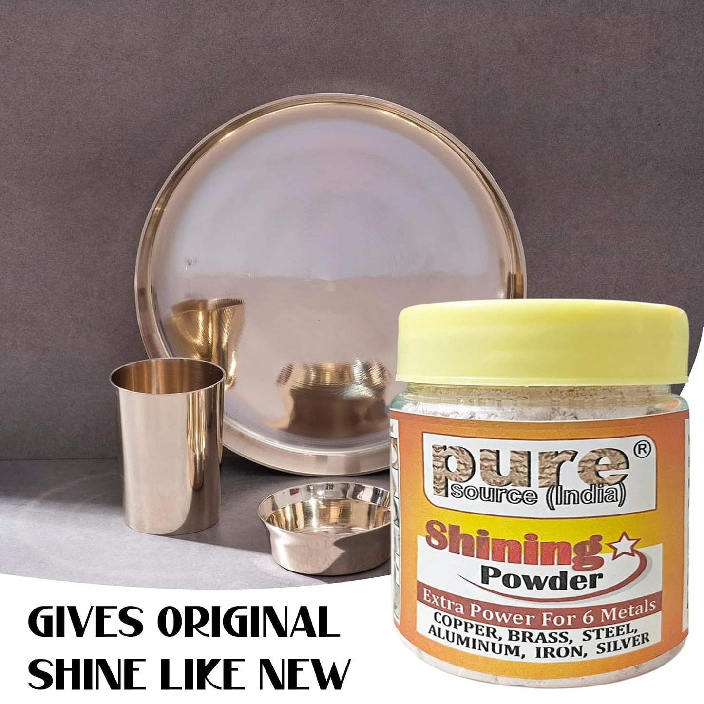 Pure Source India Shining Powder for Brass & Copper | Metal Cleaner for Utensils & Pooja Items | Removes Stains & Restores Shine -100GM