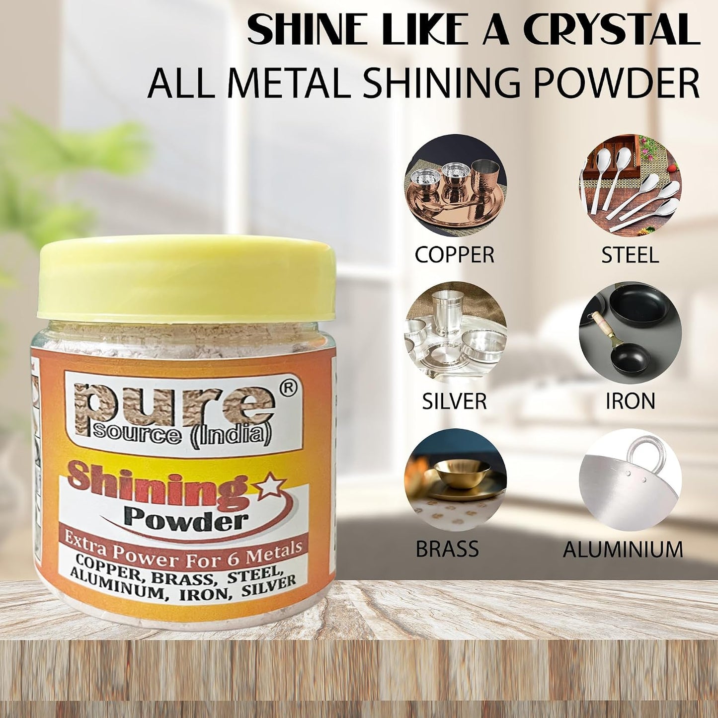 Pure Source India Shining Powder for Brass & Copper | Metal Cleaner for Utensils & Pooja Items | Removes Stains & Restores Shine -100GM