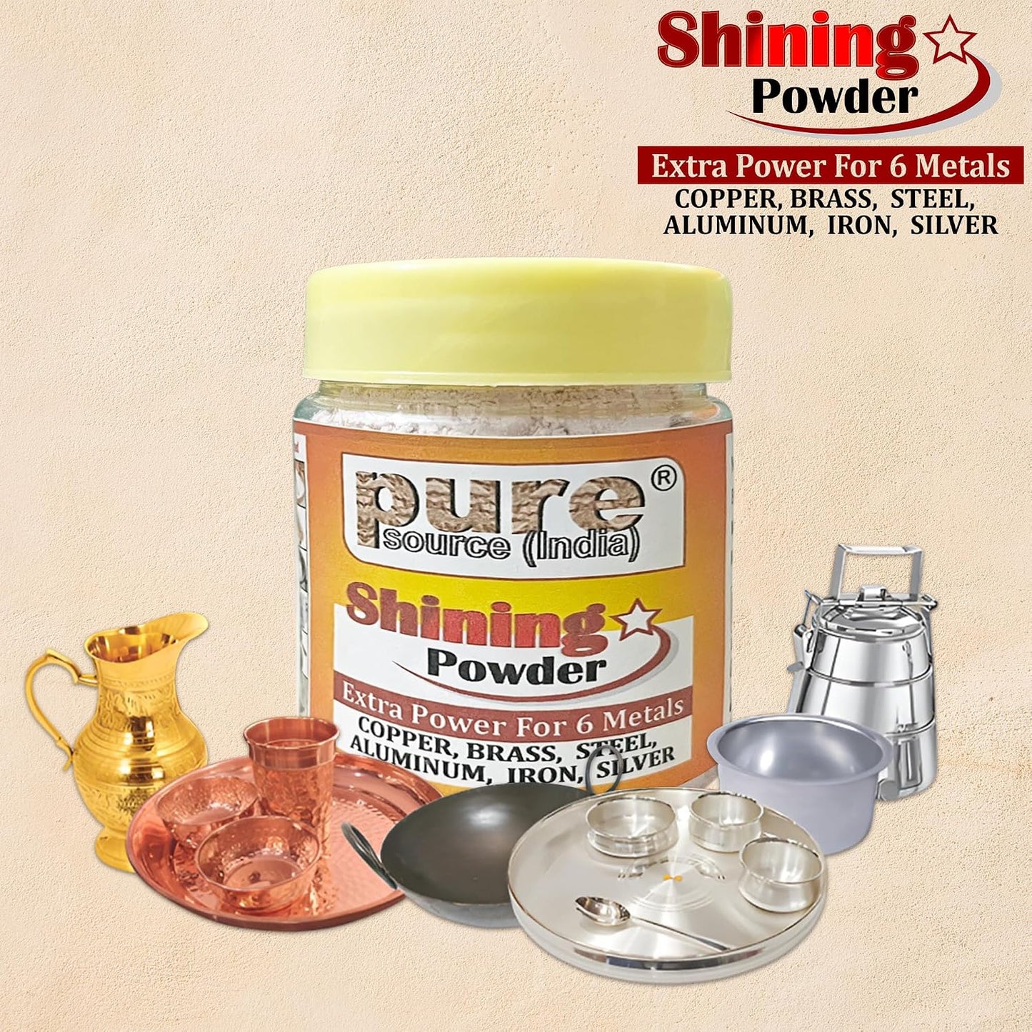 Pure Source India Shining Powder for Brass & Copper | Metal Cleaner for Utensils & Pooja Items | Removes Stains & Restores Shine -100GM