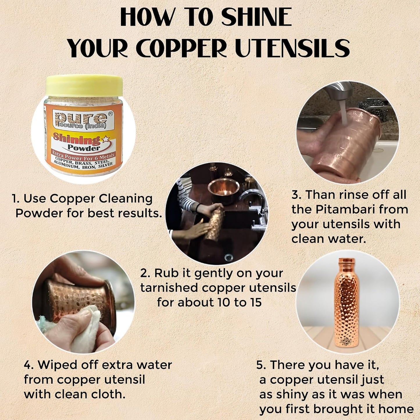 Pure Source India Shining Powder for Brass & Copper | Metal Cleaner for Utensils & Pooja Items | Removes Stains & Restores Shine -100GM