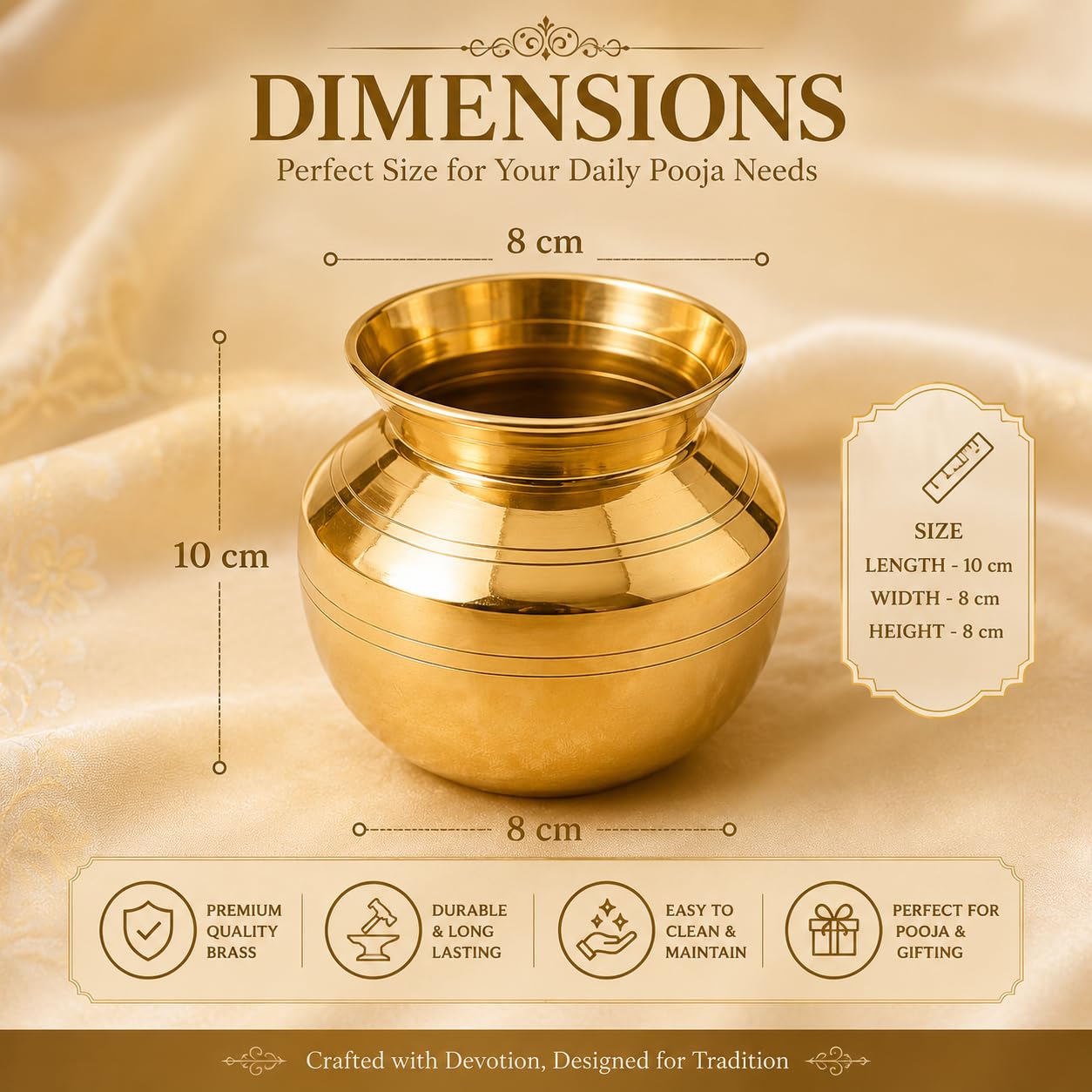 Pure Source India Brass Kalash Lota for Puja & Decoration | Small Brass Kalash | 3.5 Inch Gold Finish | Traditional Pooja Item for Home Temple, Festivals & Gifting