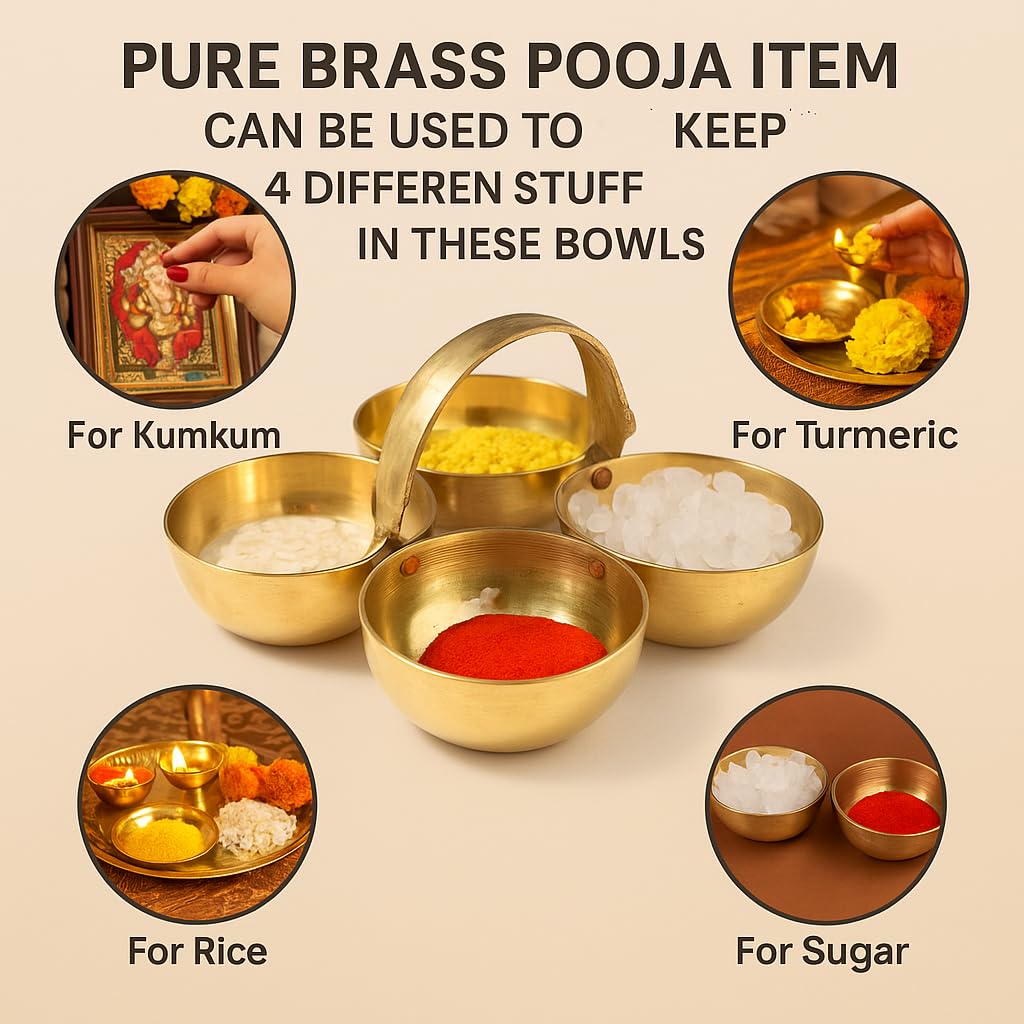 Pure Source India Pure Brass Roli Chawal Haldi Kumkum Katori with Handle, 20 ML Small Pooja Bowl | Traditional Brass Chawmukh for Home Mandir, Puja, Aarti, Wedding & Festivals