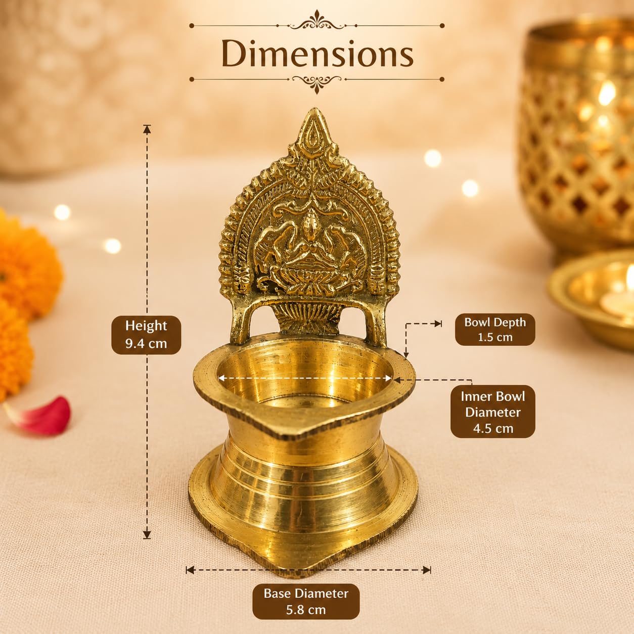 Pure Source India Brass Lakshmi Diya with Deepam Stand, 9.4 cm | Traditional Handmade Oil Lamp for Pooja, Home Temple, Diwali, Navratri, Festivals, Spiritual Décor & Gifting