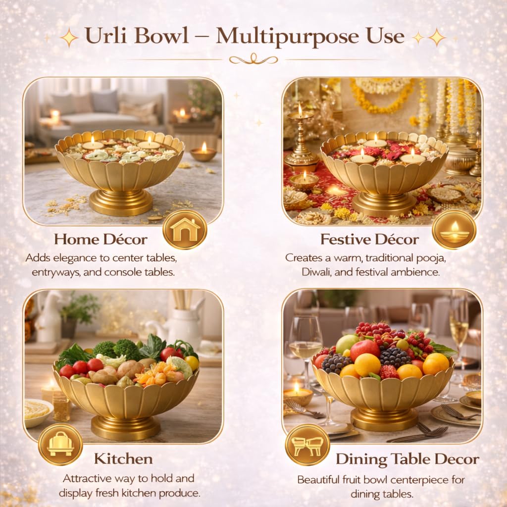 Pure Source India Metal Lotus Urli Bowl with Pedestal Stand, Gold Finish, 8.5 Inch | Decorative Center Table & Pooja Décor for Floating Flowers, Diyas, Rangoli & Festive Styling