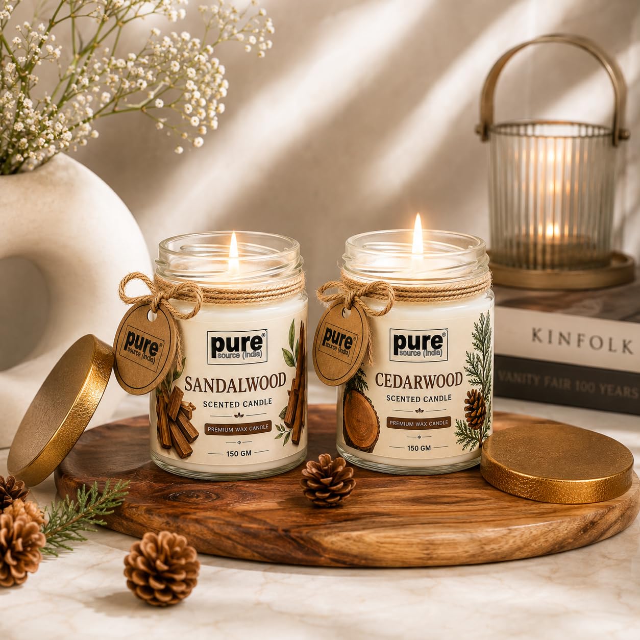 Pure Source India Scented Jar Candle Set of 2 (Sandalwood & Cedarwood) | 150g Each | Premium Wax Candles | 35-40 Hours Burn Time | Aromatherapy Candles for Home Decor, Diwali, Bedroom, Spa & Gifts