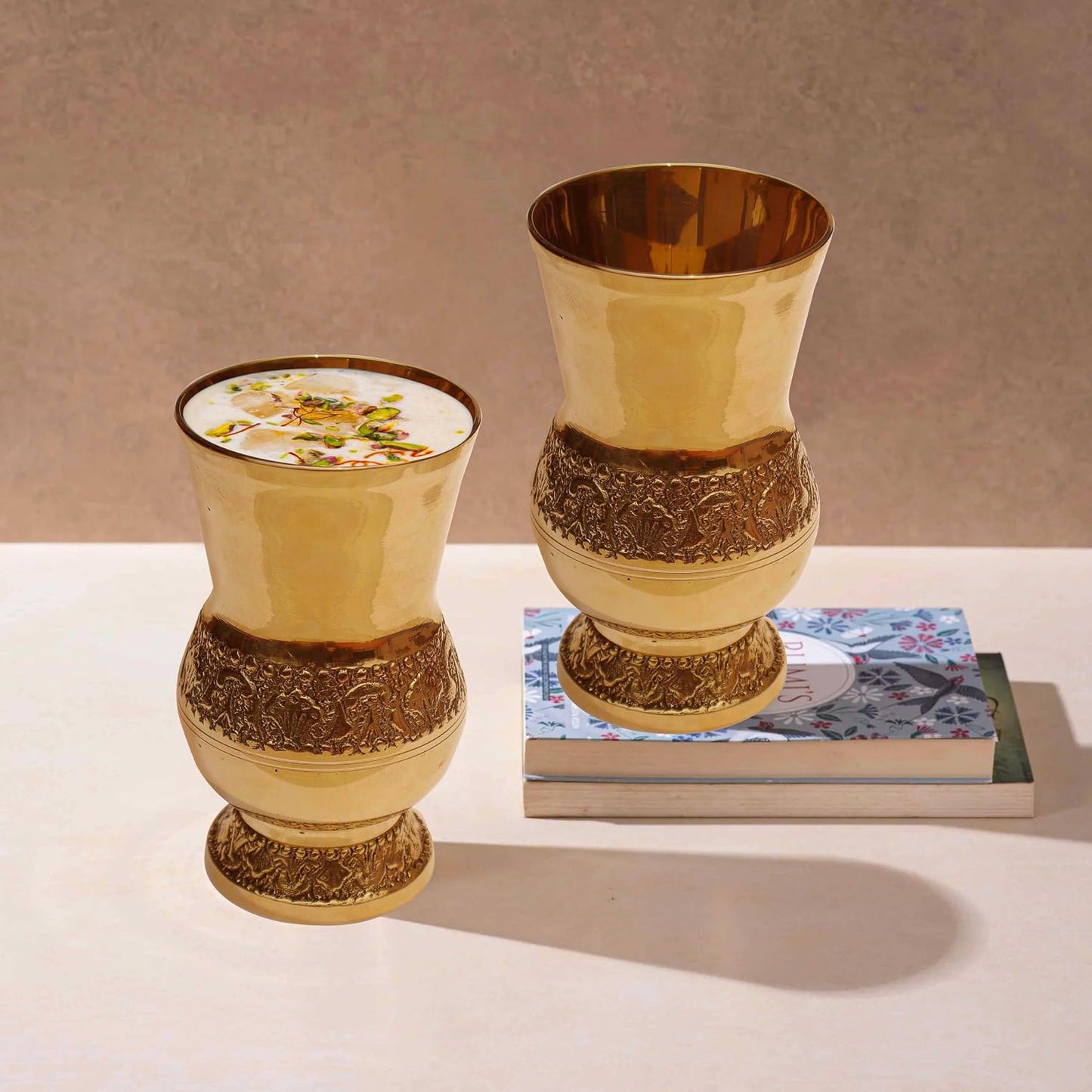 Pure Source India Pure Brass Glass Tumbler 300ml | Embossed Mughlai Goblet Cup | Traditional Brass Drinkware for Home, Hotel, Restaurant, Dining, Pooja & Gifting