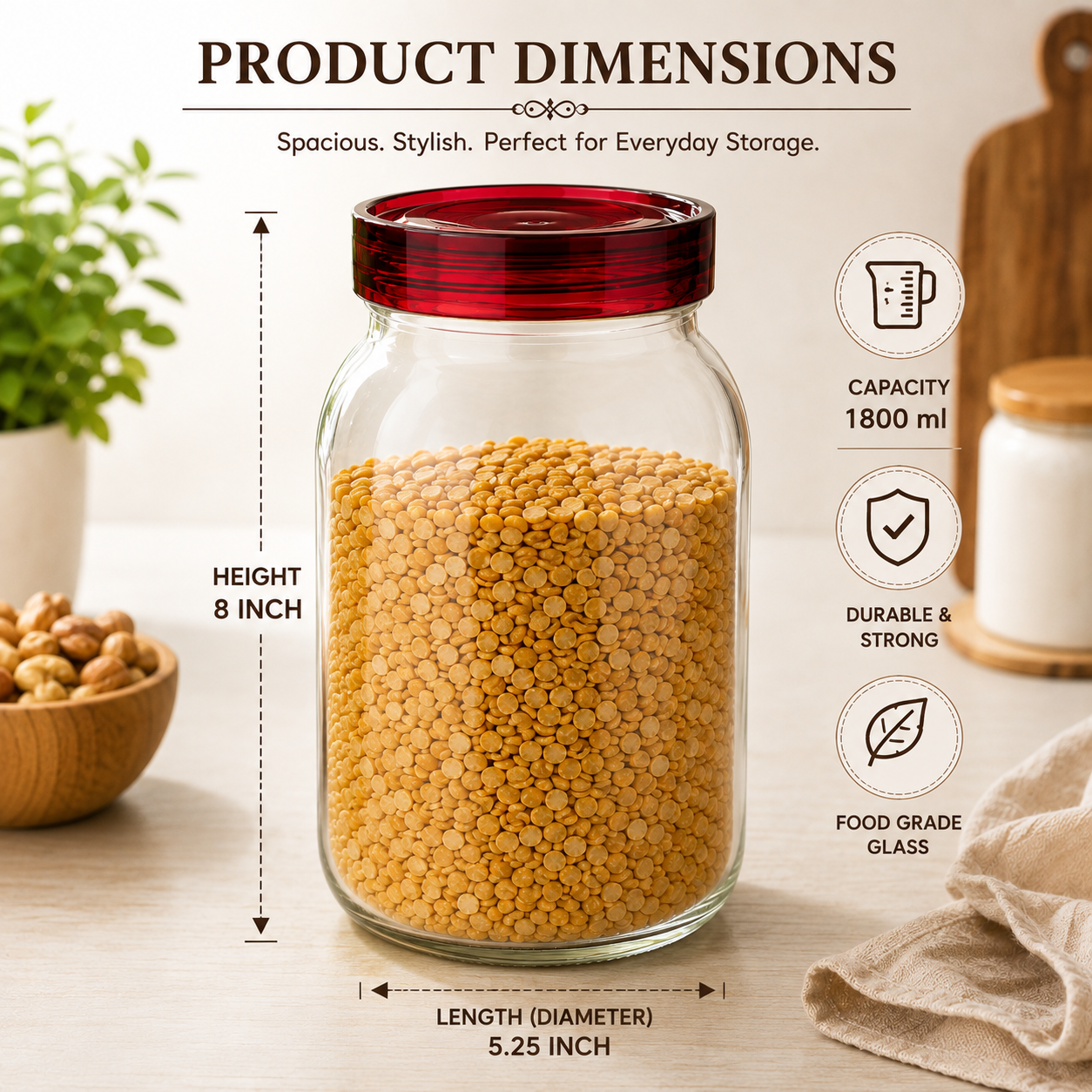 Pure Source India 1800 ML Glass Jars and Containers with Plastic air Tight Lid, Wide-Mouth Glass Jars and Containers  (14 CM CLEAR)