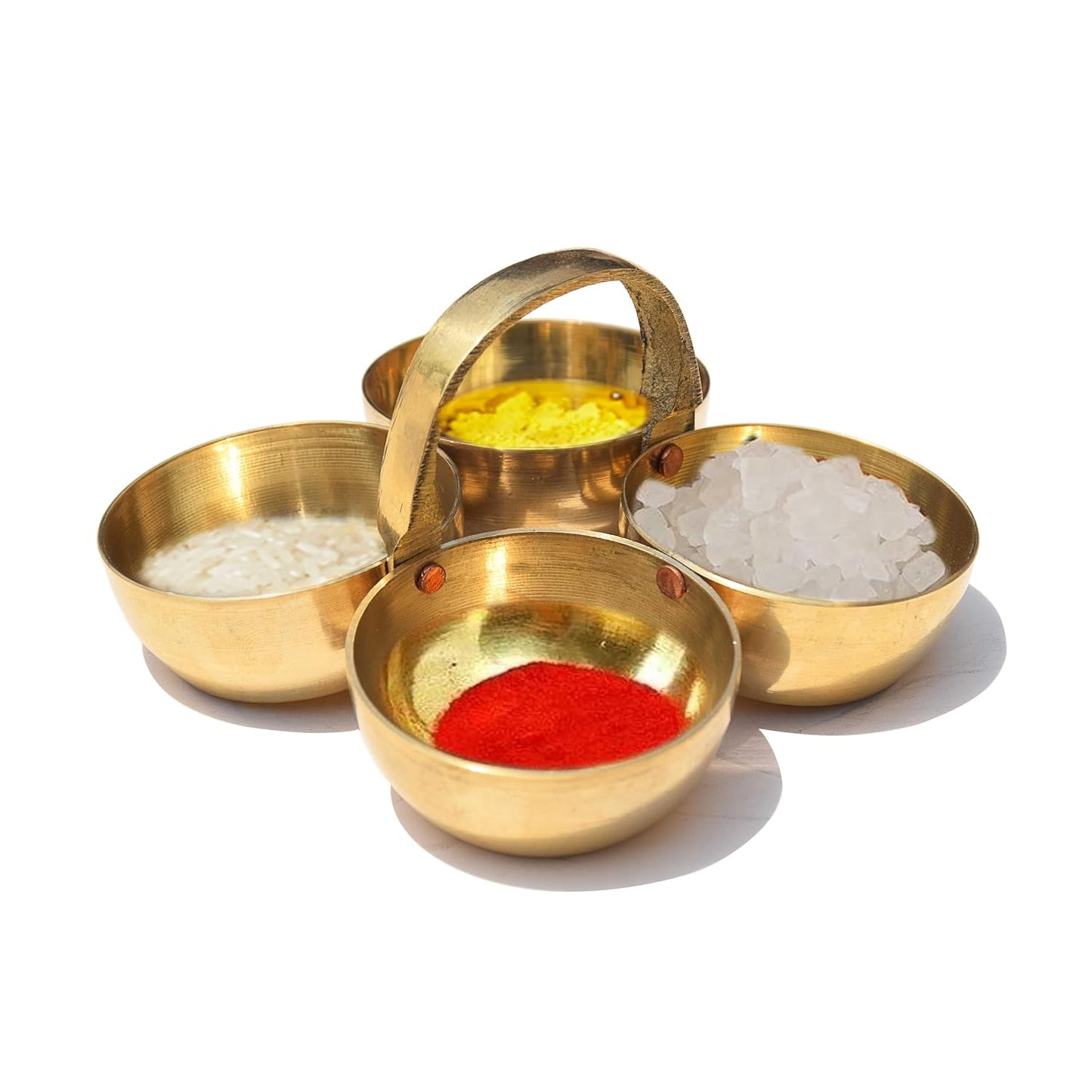 Pure Source India Pure Brass Roli Chawal Haldi Kumkum Katori with Handle, 20 ML Small Pooja Bowl | Traditional Brass Chawmukh for Home Mandir, Puja, Aarti, Wedding & Festivals