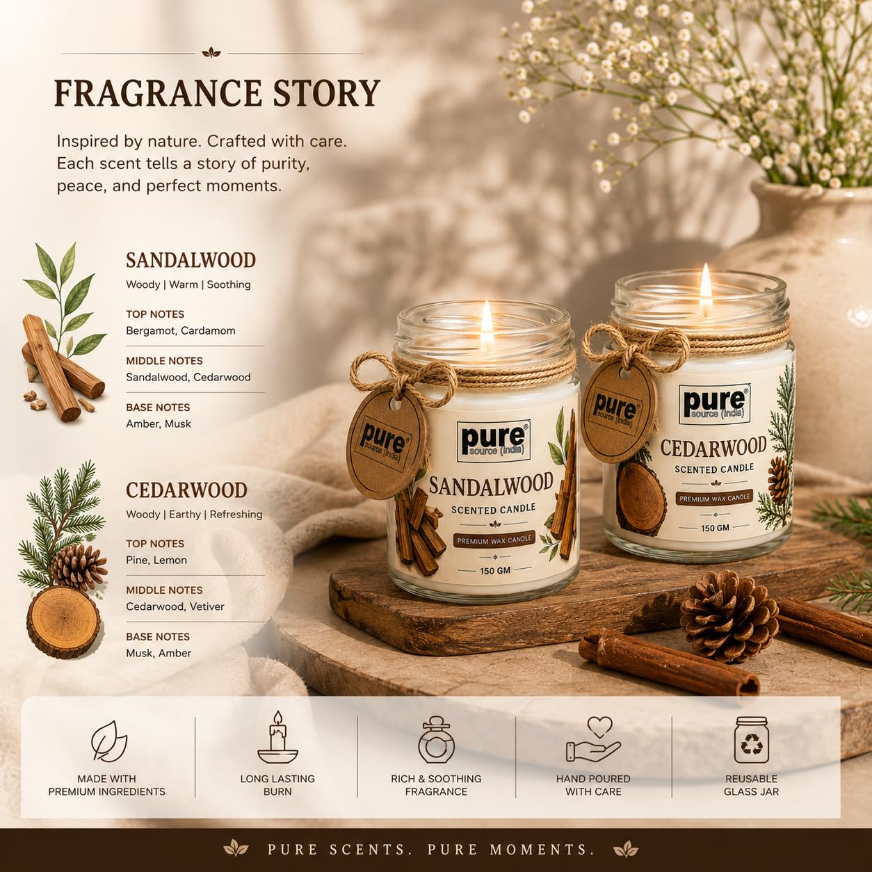 Pure Source India Scented Jar Candle Set of 2 (Sandalwood & Cedarwood) | 150g Each | Premium Wax Candles | 35-40 Hours Burn Time | Aromatherapy Candles for Home Decor, Diwali, Bedroom, Spa & Gifts