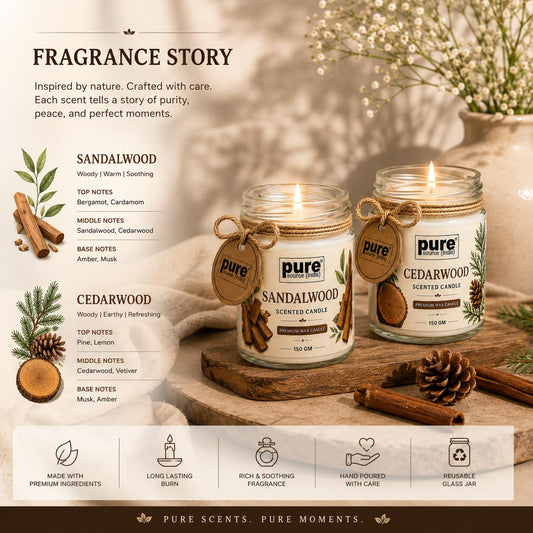 Pure Source India Scented Jar Candle Set of 2 (Sandalwood & Cedarwood) | 150g Each | Premium Wax Candles | 35-40 Hours Burn Time | Aromatherapy Candles for Home Decor, Diwali, Bedroom, Spa & Gifts