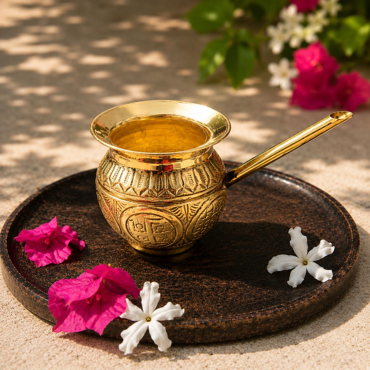 Pure Source India Brass Engraved Lota Kalash with Spout | 3.8 Inch Traditional Brass Karwa | Holy Water Pot for Pooja, Rituals, Festivals & Spiritual Worship