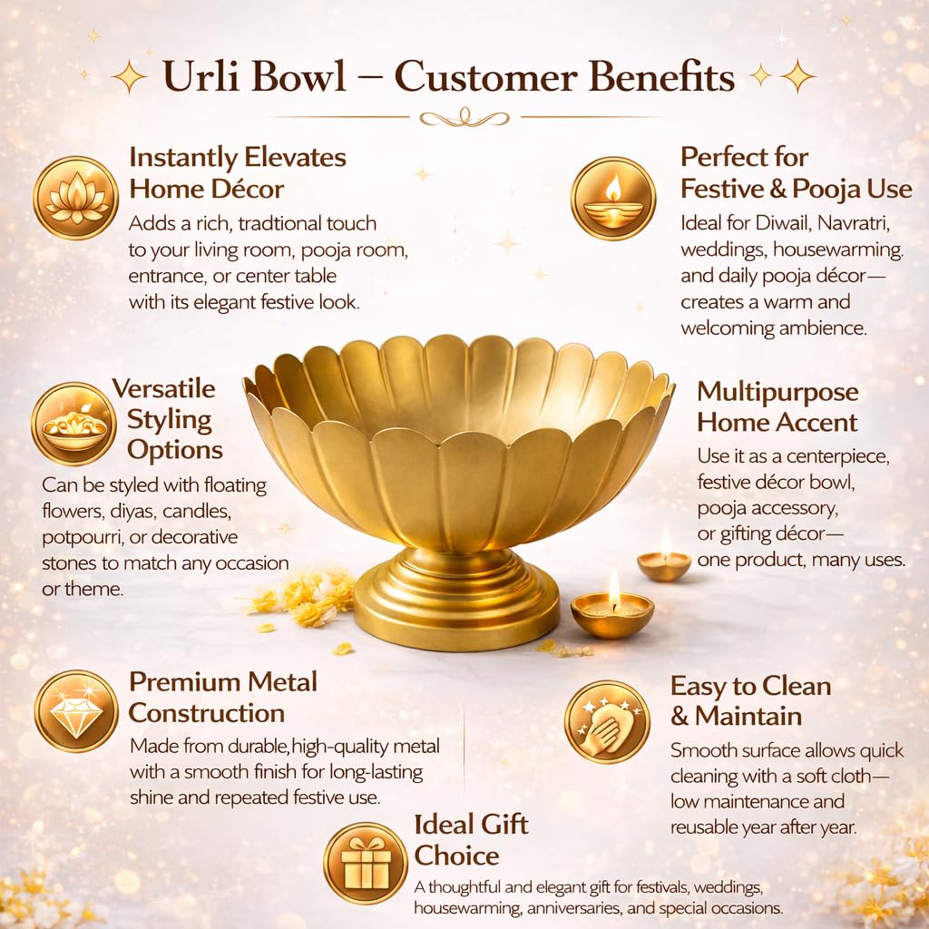 Pure Source India Metal Lotus Urli Bowl with Pedestal Stand, Gold Finish, 8.5 Inch | Decorative Center Table & Pooja Décor for Floating Flowers, Diyas, Rangoli & Festive Styling