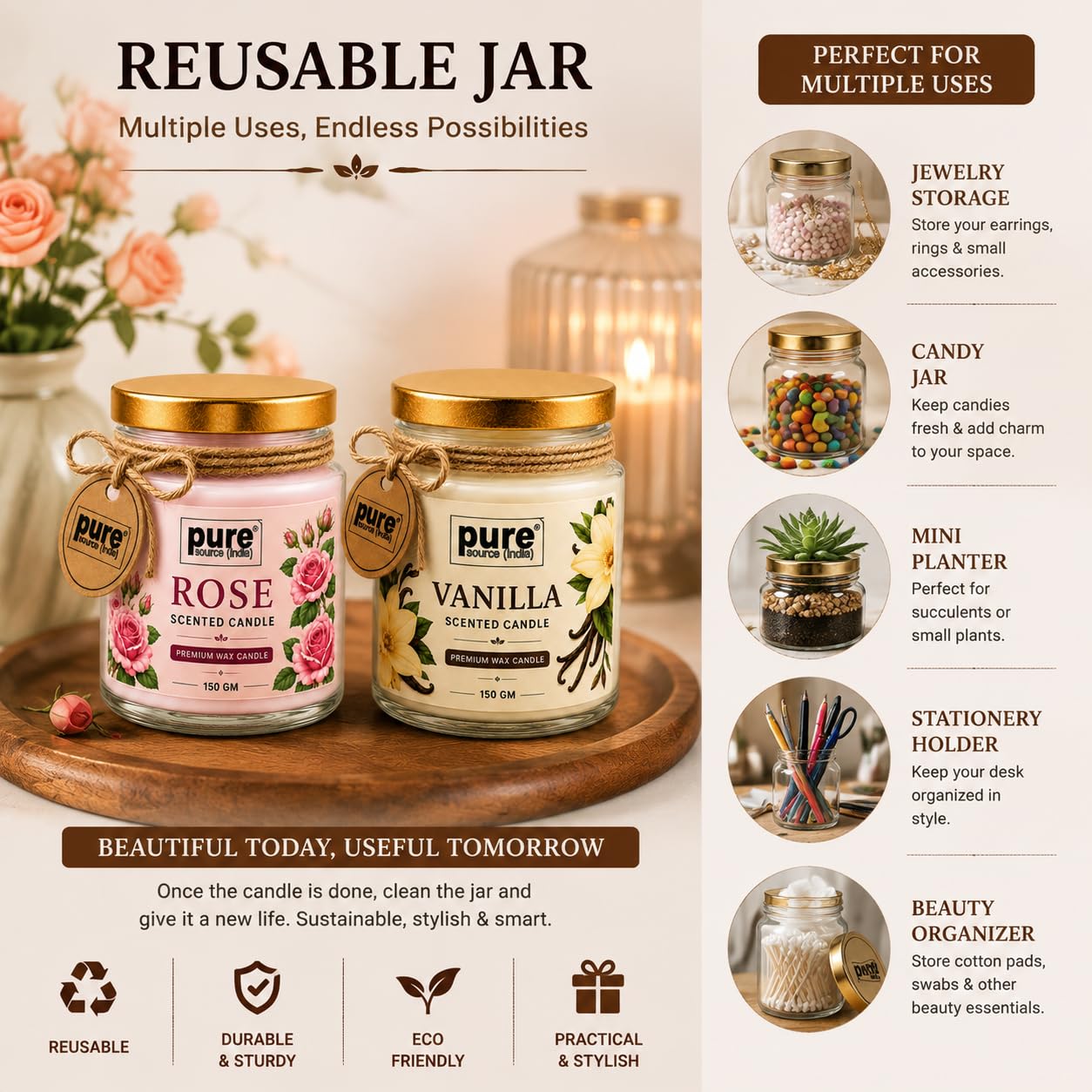 Pure Source India Scented Jar Candle Set of 2 (Rose & Vanilla) | 150 g Each | Premium Wax Candles | 35–40 Hours Burn Time | Aromatherapy Candles for Home Decor, Diwali, Bedroom, Spa & Gifting