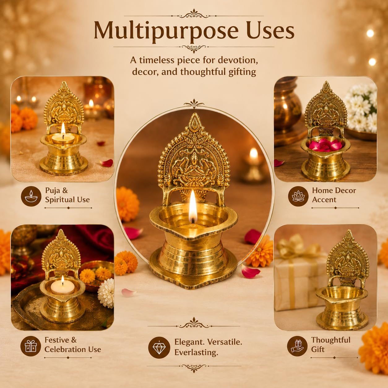 Pure Source India Brass Lakshmi Diya with Deepam Stand, 9.4 cm | Traditional Handmade Oil Lamp for Pooja, Home Temple, Diwali, Navratri, Festivals, Spiritual Décor & Gifting