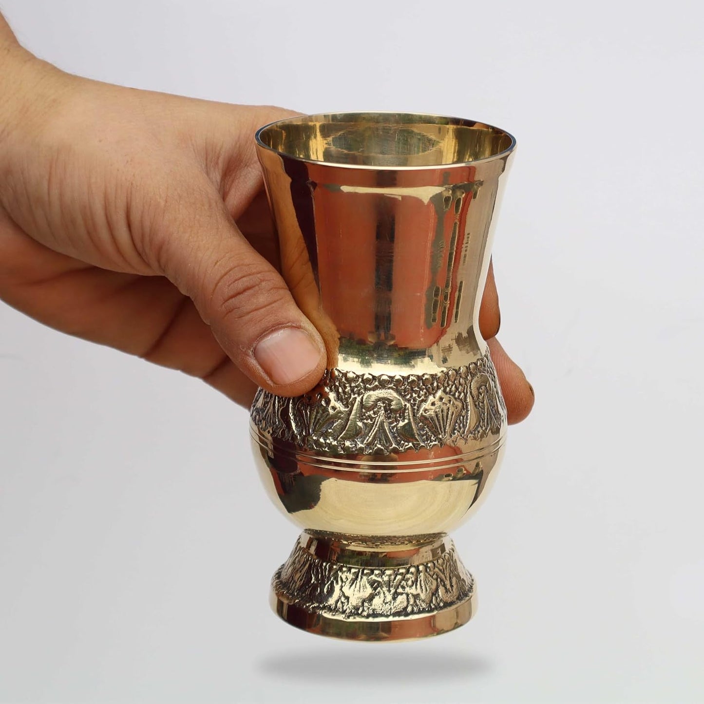 Pure Source India Pure Brass Glass Tumbler 300ml | Embossed Mughlai Goblet Cup | Traditional Brass Drinkware for Home, Hotel, Restaurant, Dining, Pooja & Gifting