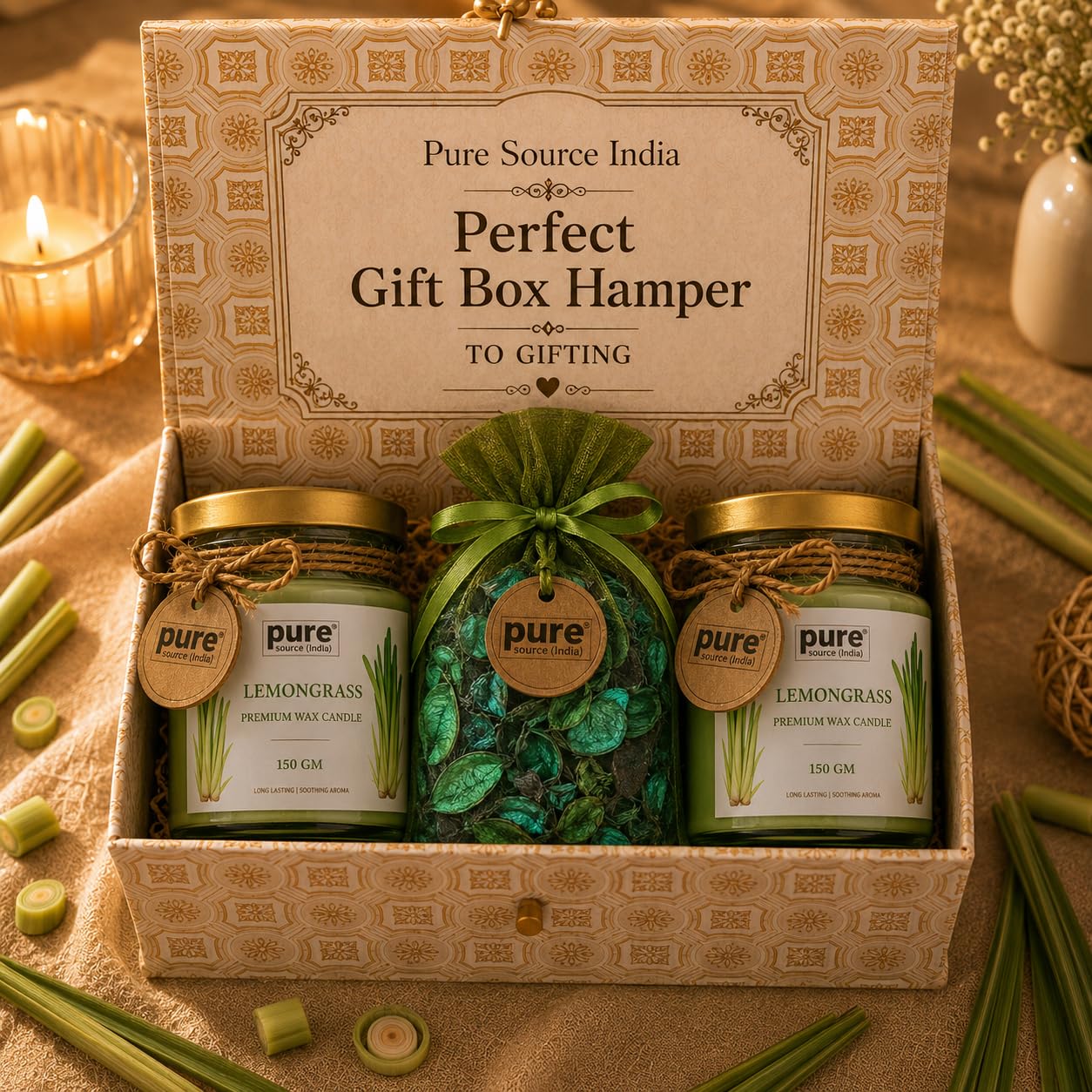 Pure Source India Luxury Festive Gift Box Hamper with Lemongrass Scented Candles & Green Potpourri| Premium Gift Set