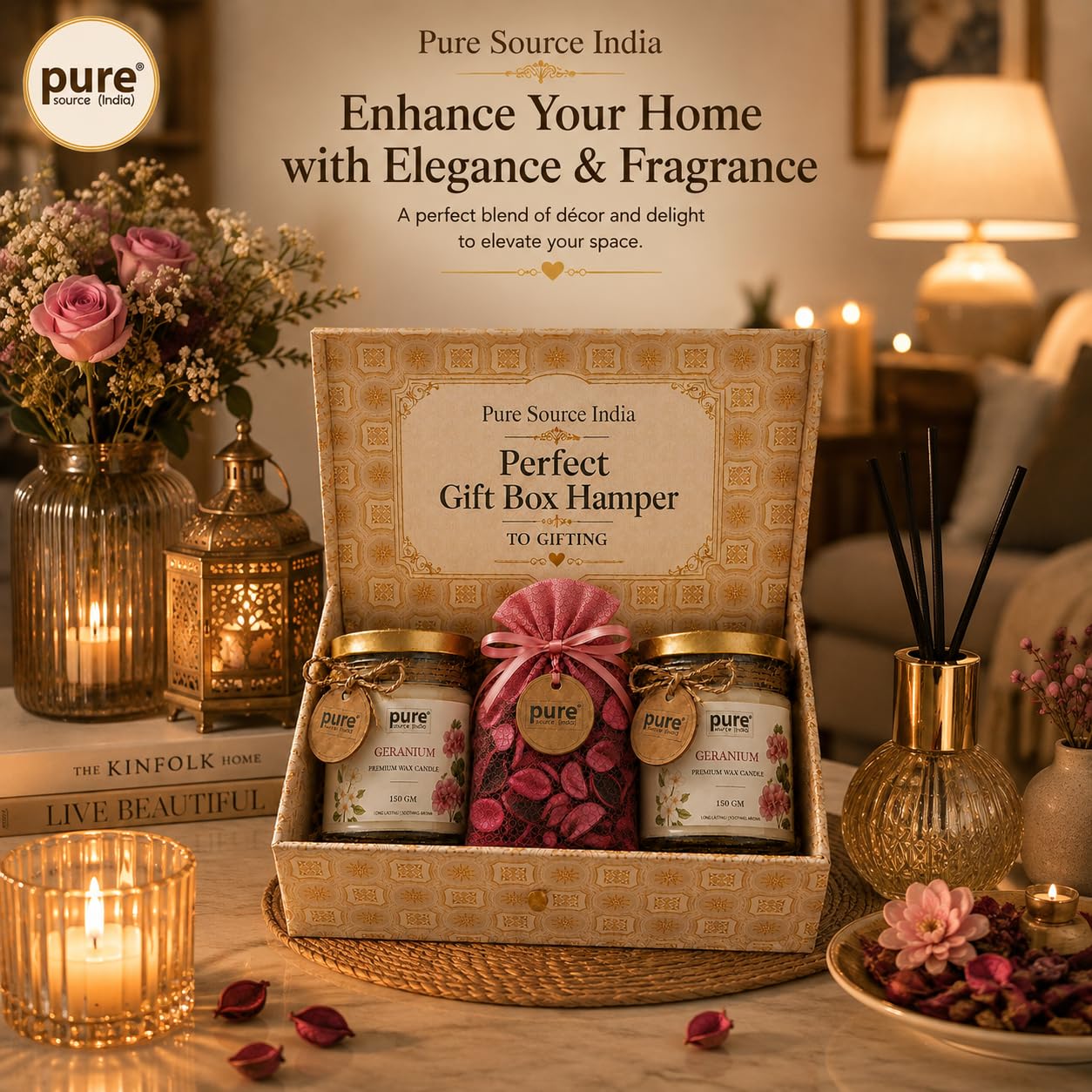 Pure Source India Luxury Festive Gift Box Hamper with Geranium Scented Candles & Pink Potpourri