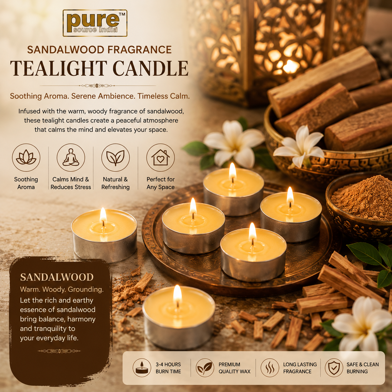 Pure Source India Scented Sandalwood Tea Light Candles Pack of 25 | Fragrance Tealights for Home Decor, Meditation, Pooja, Diwali, Parties & Aromatherapy | Long-Lasting Decorative Candles