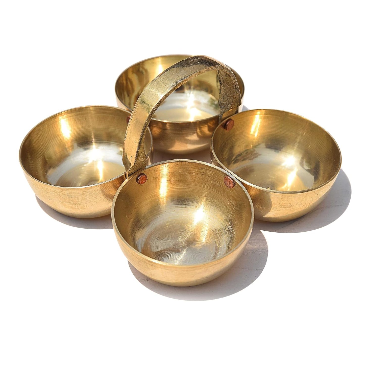 Pure Source India Pure Brass Roli Chawal Haldi Kumkum Katori with Handle, 20 ML Small Pooja Bowl | Traditional Brass Chawmukh for Home Mandir, Puja, Aarti, Wedding & Festivals