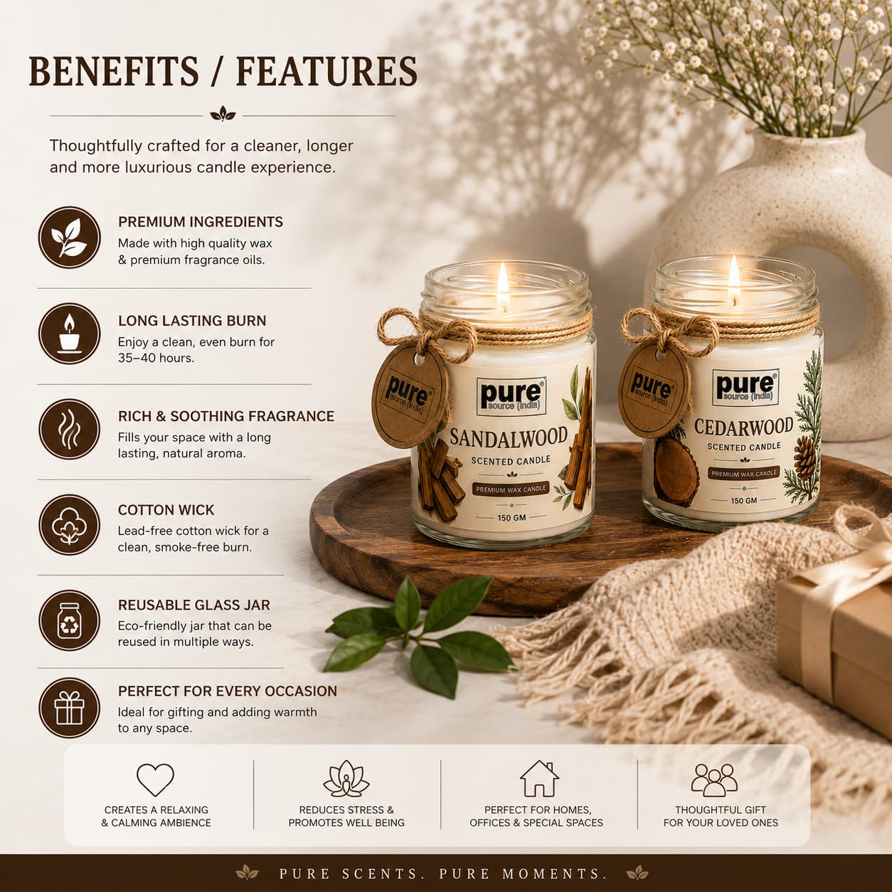 Pure Source India Scented Jar Candle Set of 2 (Sandalwood & Cedarwood) | 150g Each | Premium Wax Candles | 35-40 Hours Burn Time | Aromatherapy Candles for Home Decor, Diwali, Bedroom, Spa & Gifts