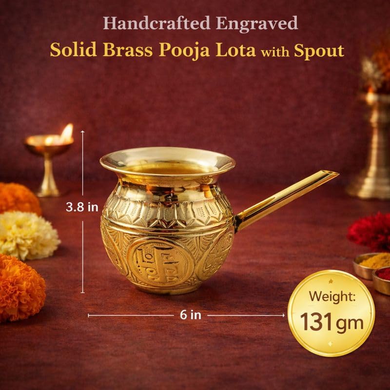 Pure Source India Brass Engraved Lota Kalash with Spout | 3.8 Inch Traditional Brass Karwa | Holy Water Pot for Pooja, Rituals, Festivals & Spiritual Worship