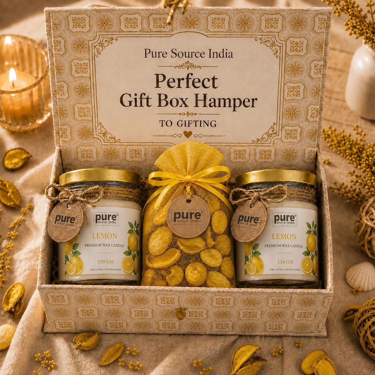 Pure Source India Luxury Festive Gift Box Hamper with Lemon Scented Candles & Yellow Potpourri