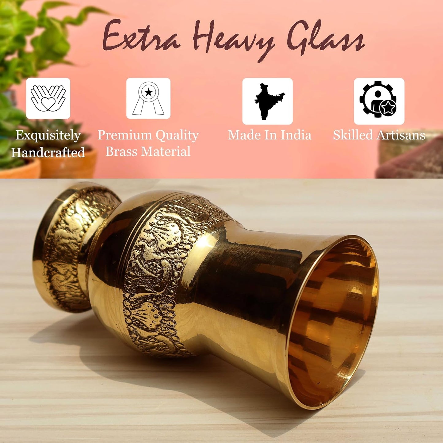 Pure Source India Pure Brass Glass Tumbler 300ml | Embossed Mughlai Goblet Cup | Traditional Brass Drinkware for Home, Hotel, Restaurant, Dining, Pooja & Gifting