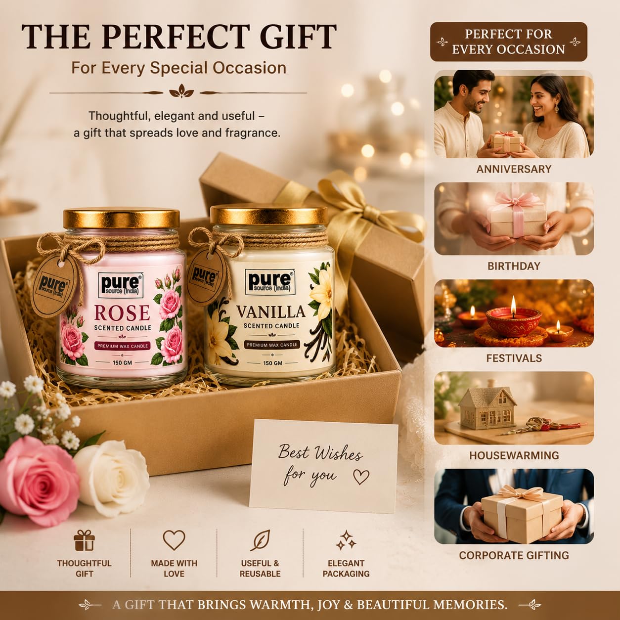 Pure Source India Scented Jar Candle Set of 2 (Rose & Vanilla) | 150 g Each | Premium Wax Candles | 35–40 Hours Burn Time | Aromatherapy Candles for Home Decor, Diwali, Bedroom, Spa & Gifting