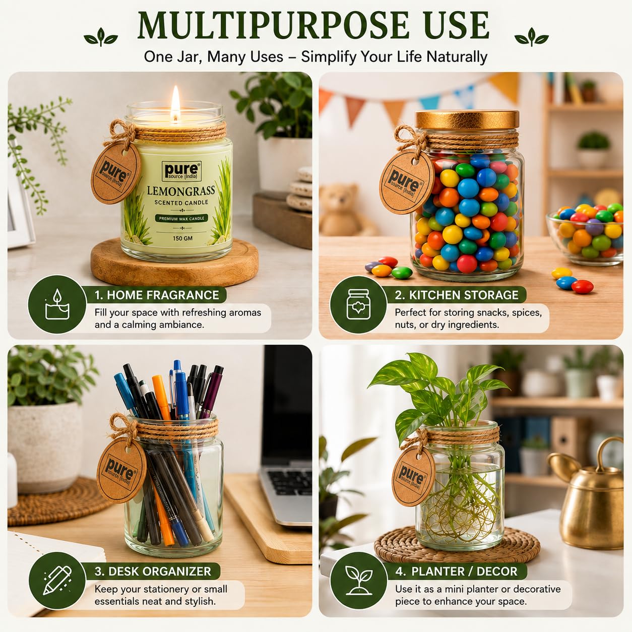 Pure Source India Lemongrass Scented Jar Candle | 150 GM | Premium Wax Candle | 35-40 Hours Burn Time | Aromatherapy Candle for Home Decor, Bedroom, Spa, Meditation & Gift