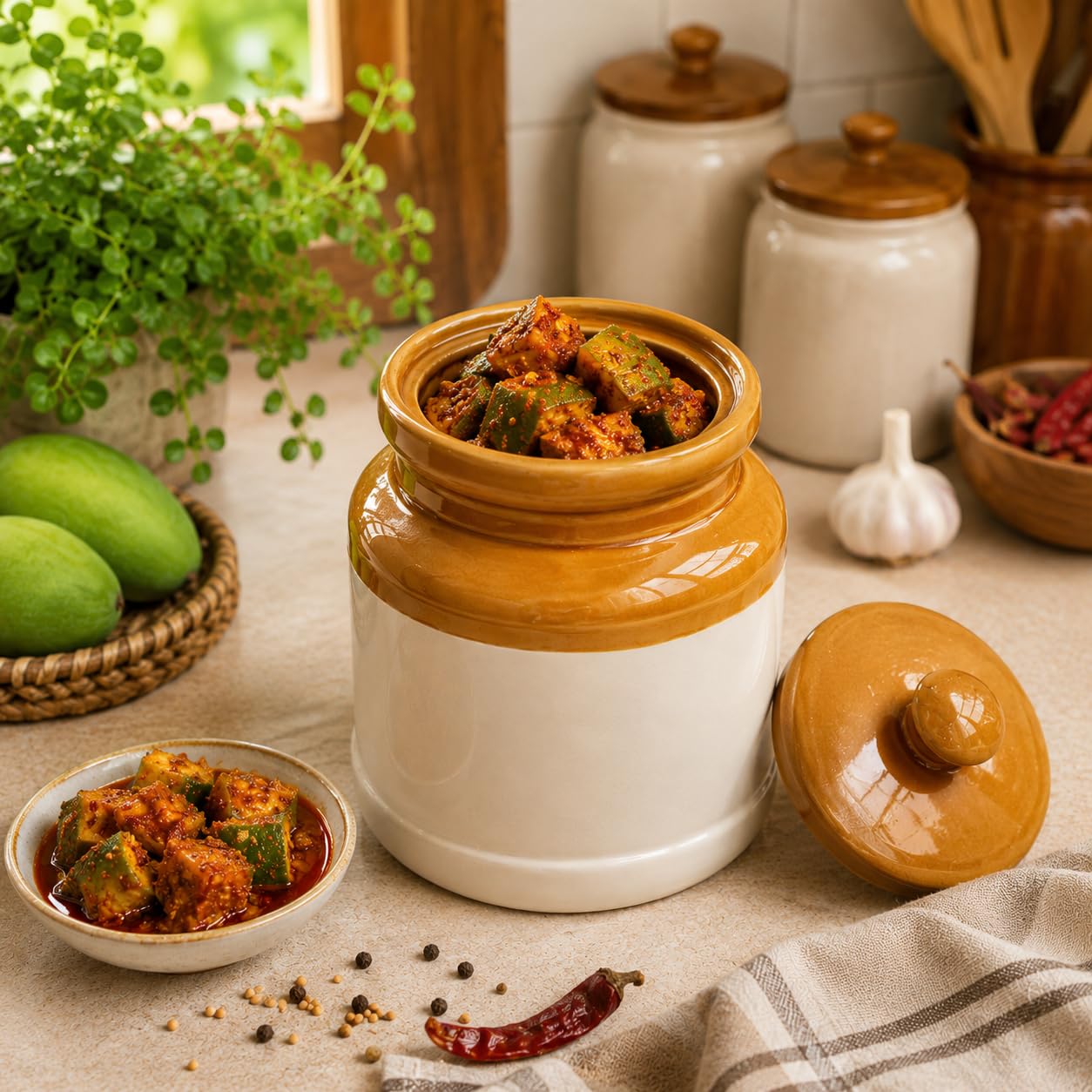 Pure Source India Ceramic Pickle Jar with Lid -Ivory and Brown