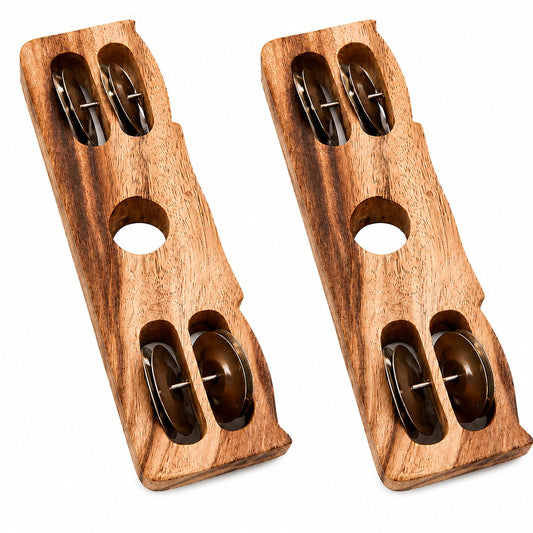 Pure Source India Wooden Kartal Handheld Jingle Bell Musical Instrument Pack of 2 | 4 Stainless Steel Bells | Natural Wood Percussion Shaker for Bhajan, Kirtan, Pooja, Aarti, Meditation & Devotional Music