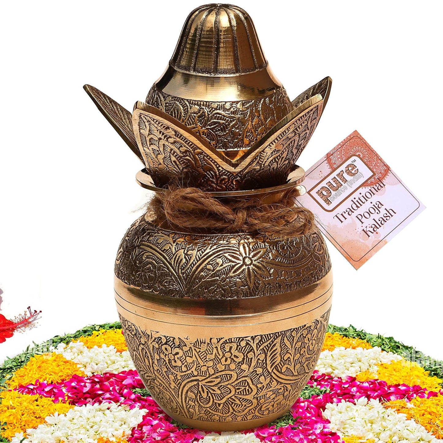 Pure Source India Brass Kalash with Leaves & Coconut, 7.5 Inch Golden Kalash Showpiece | Traditional Pooja Kalash for Puja, Wedding, Housewarming, Religious Ceremonies, Festivals & Home Decor