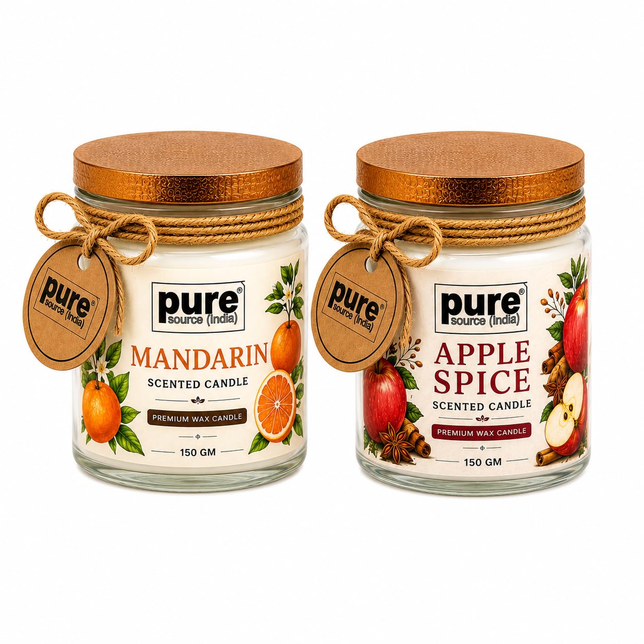 Pure Source India Scented Jar Candle Set of 2 (Apple Spice & Mandarin) | 150g Each | Premium Wax Candles | 35-40 Hours Burn Time | Aromatherapy Candles for Home Decor, Diwali, Bedroom, Spa & Gifts