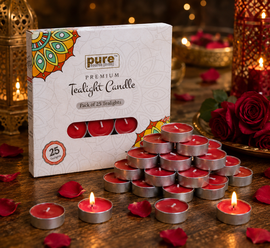 Pure Source India Scented Rose Tea Light Candles Pack of 25 | Fragrance Tealights for Home Decor, Meditation, Pooja, Diwali, Parties & Aromatherapy | Long-Lasting Decorative Candles