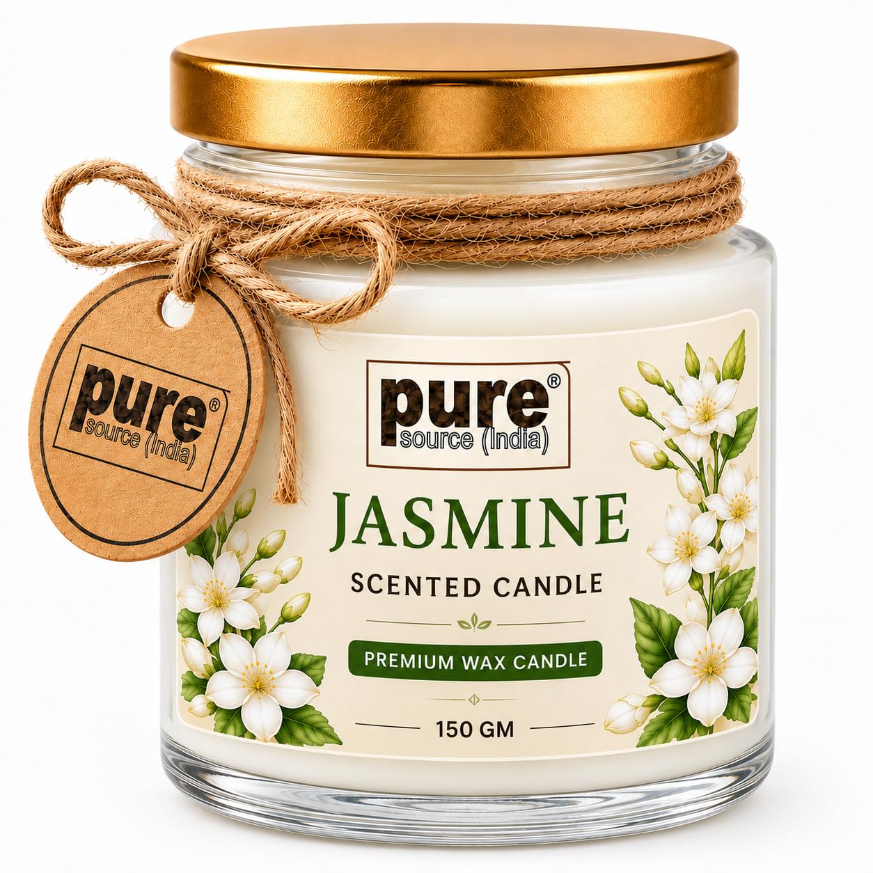 Pure Source India Jasmine Scented Jar Candle | 150 GM | Premium Wax Candle | 35-40 Hours Burn Time | Aromatherapy Candle for Home Decor, Bedroom, Spa, Meditation & Gift