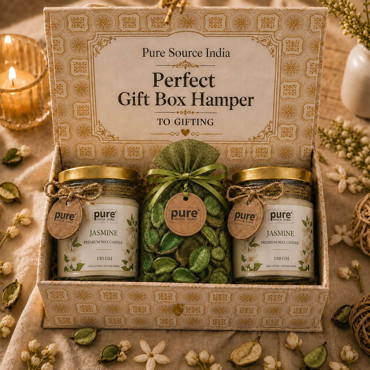 Pure Source India Luxury Festive Gift Box Hamper with Jasmine Scented Candles & Green Potpourri| Premium Gift Set