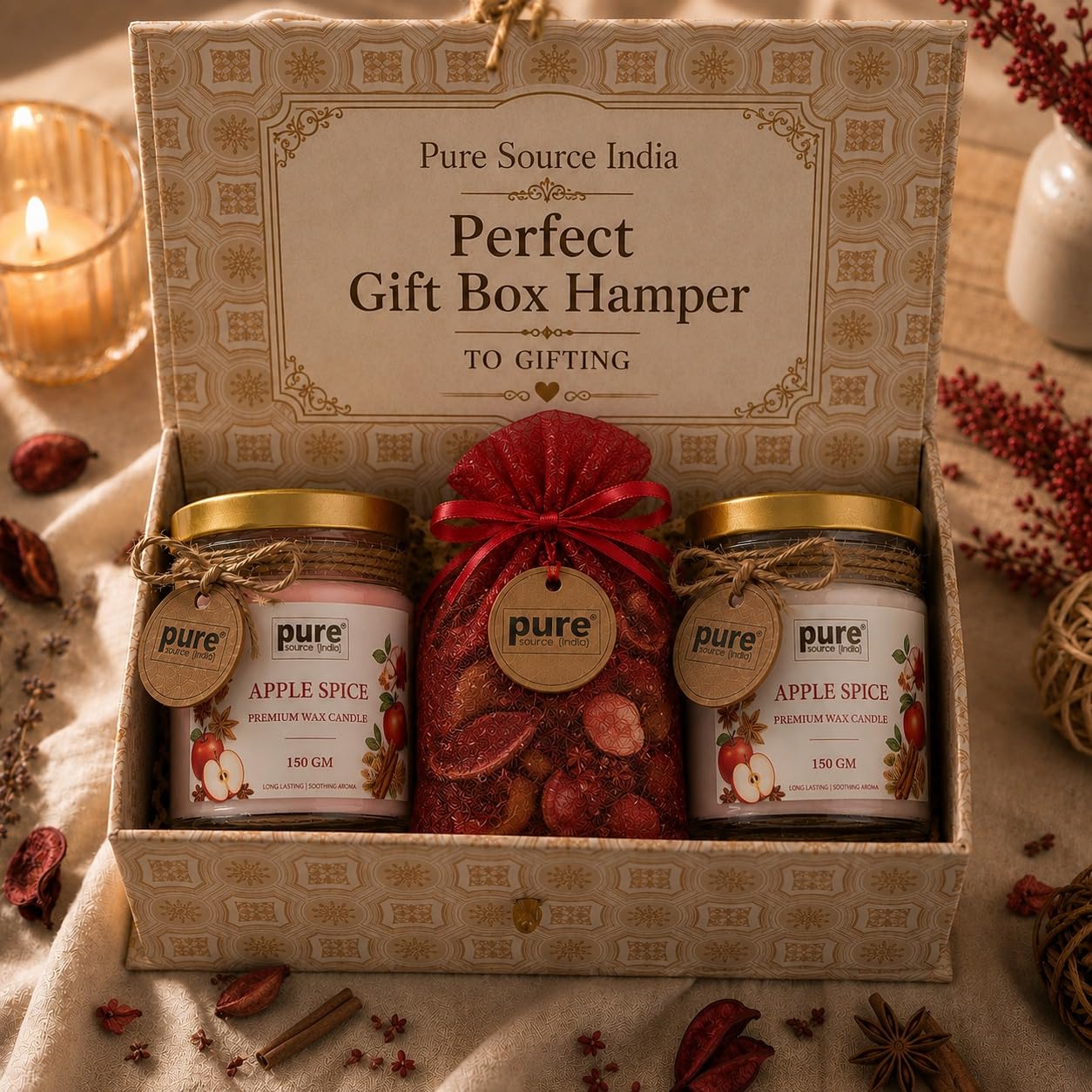 Pure Source India Luxury Festive Gift Box Hamper with Apple Spice Scented Candles & Red Potpourri