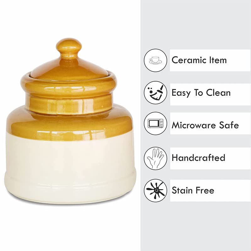 Pure Source India Ceramic Pickle Jar with Lid - 1 Piece, Ivory and Brown