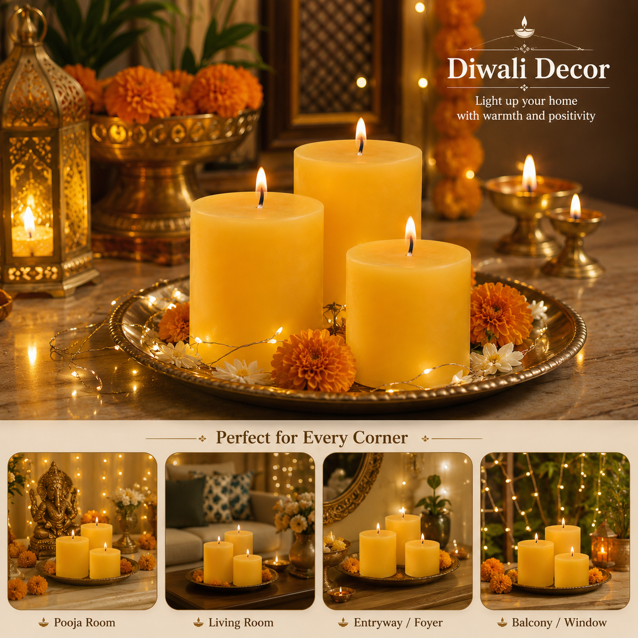 Pure Source India Paraffin Wax Scented Pillar Candles for Home Decor Smokeless & Dripless Candle (Sandalwood - Yellow) Set of 3