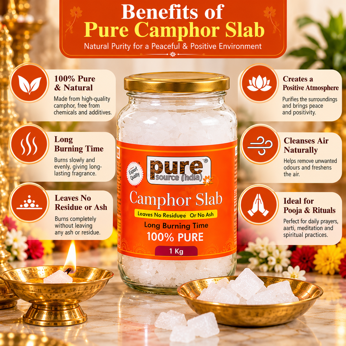 Pure Source India 100% Pure Natural Camphor Slab 1kg | Long Burning Camphor for Pooja, Aarti & Home Fragrance (Copy)