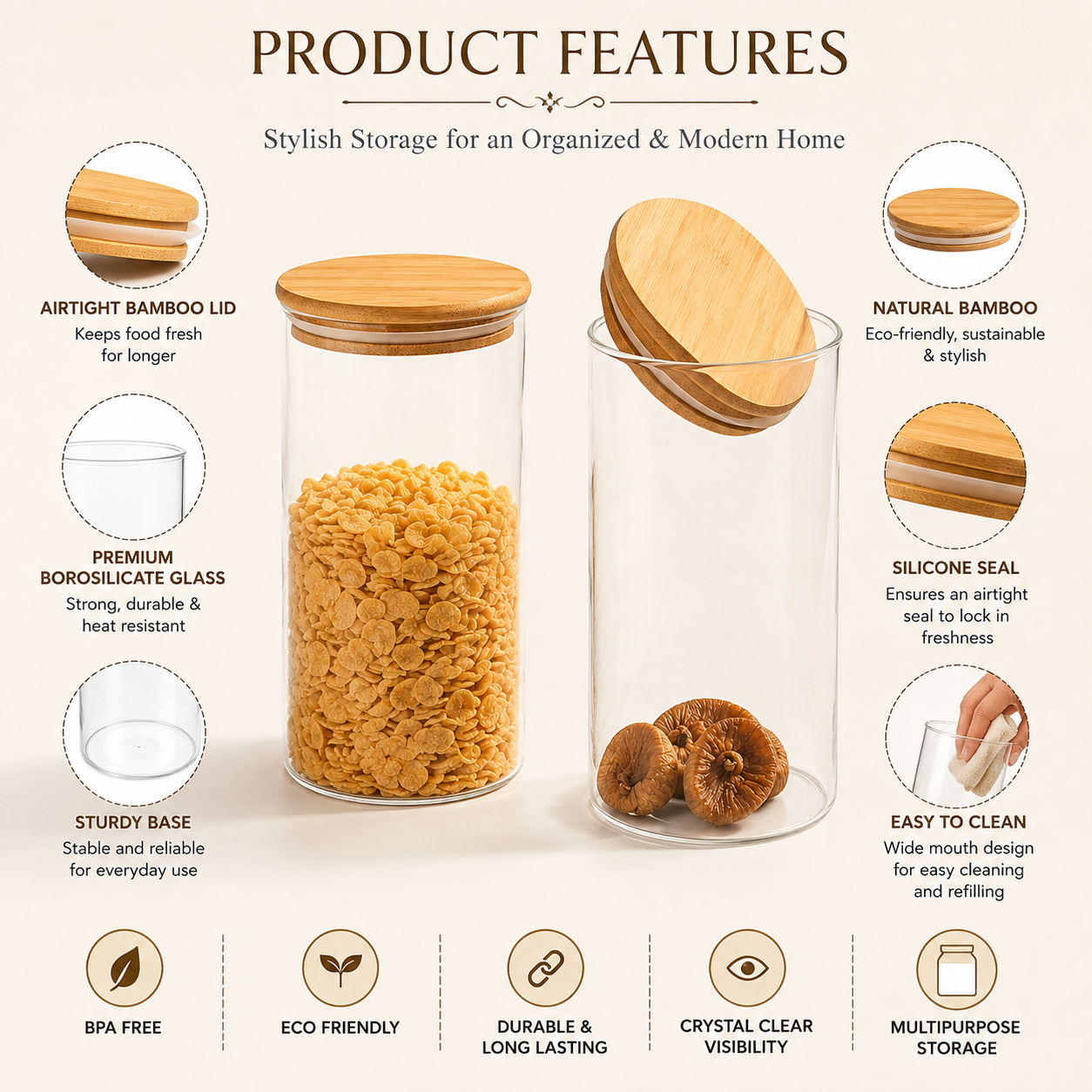 Pure Source India 1400ml Airtight Bamboo Lid Borosilicate Glass Jar Container For Kitchen Storage