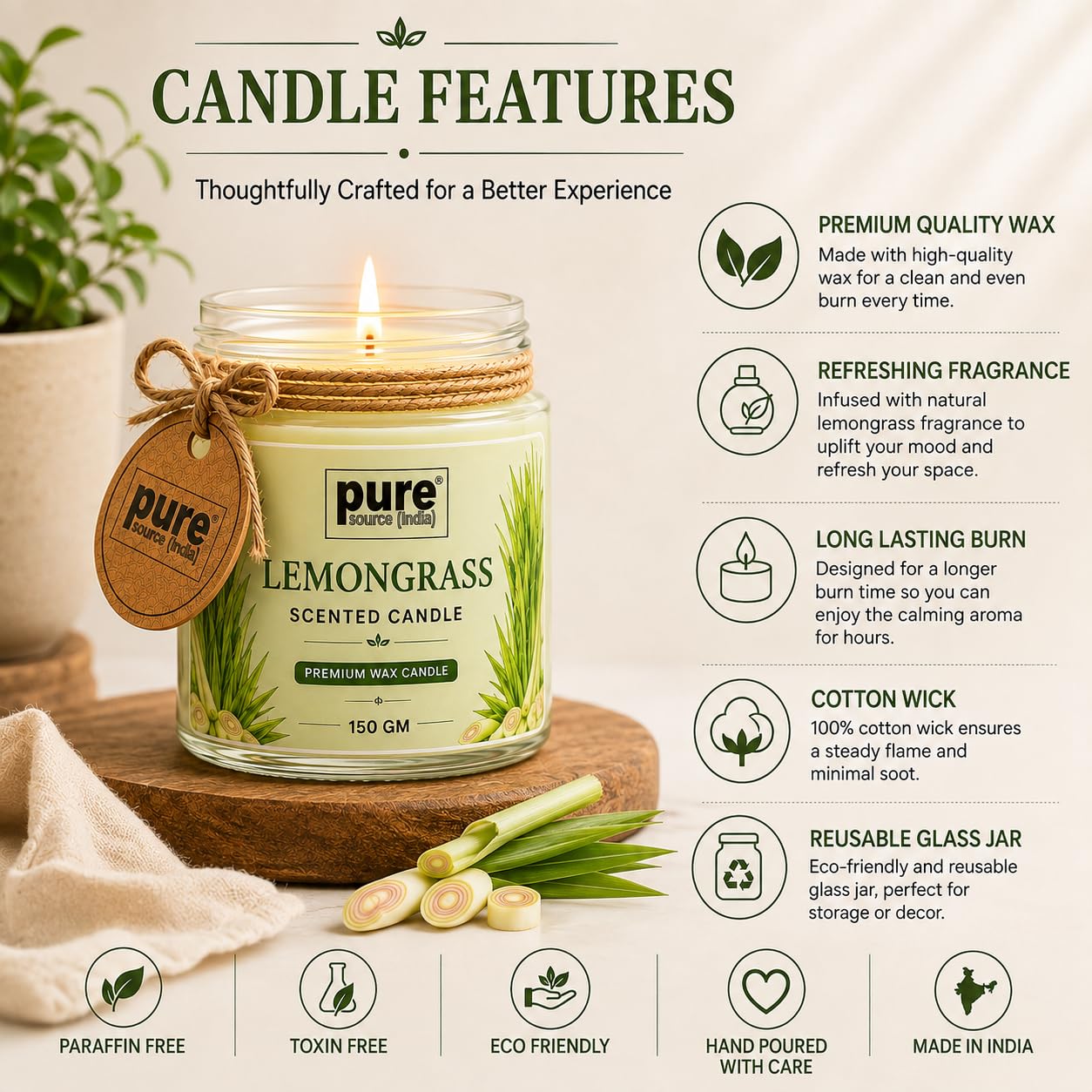 Pure Source India Lemongrass Scented Jar Candle | 150 GM | Premium Wax Candle | 35-40 Hours Burn Time | Aromatherapy Candle for Home Decor, Bedroom, Spa, Meditation & Gift