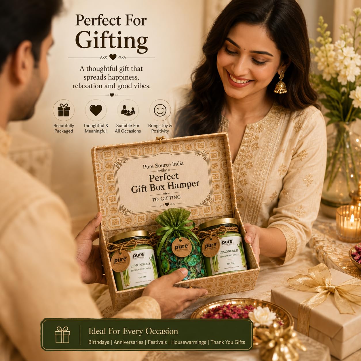 Pure Source India Luxury Festive Gift Box Hamper with Lemongrass Scented Candles & Green Potpourri| Premium Gift Set