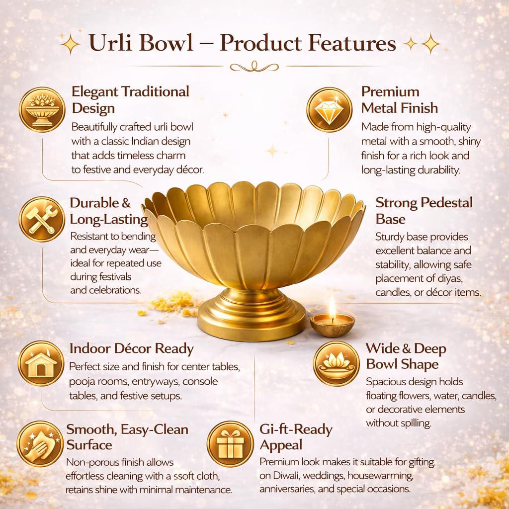 Pure Source India Metal Lotus Urli Bowl with Pedestal Stand, Gold Finish, 8.5 Inch | Decorative Center Table & Pooja Décor for Floating Flowers, Diyas, Rangoli & Festive Styling