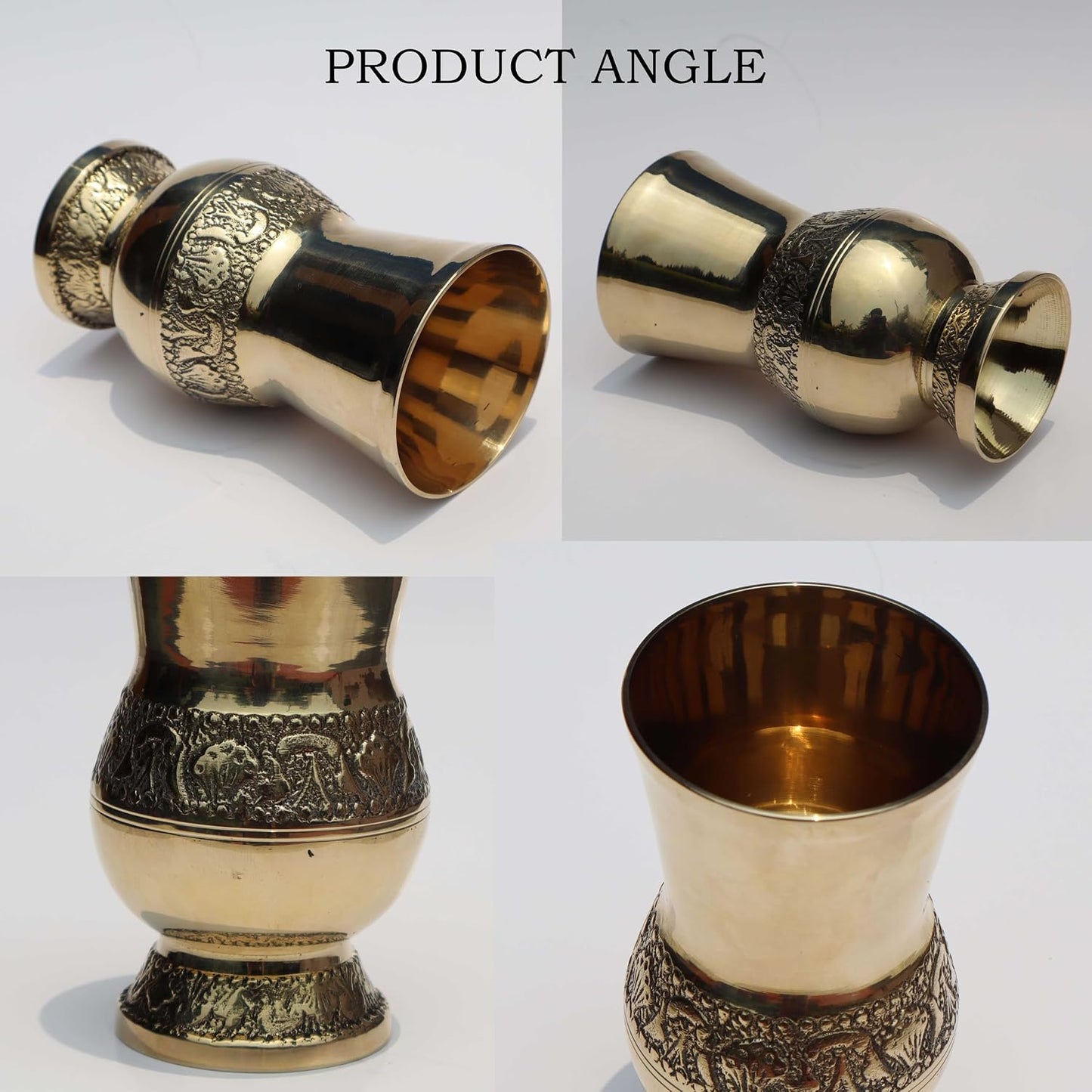 Pure Source India Pure Brass Glass Tumbler 300ml | Embossed Mughlai Goblet Cup | Traditional Brass Drinkware for Home, Hotel, Restaurant, Dining, Pooja & Gifting