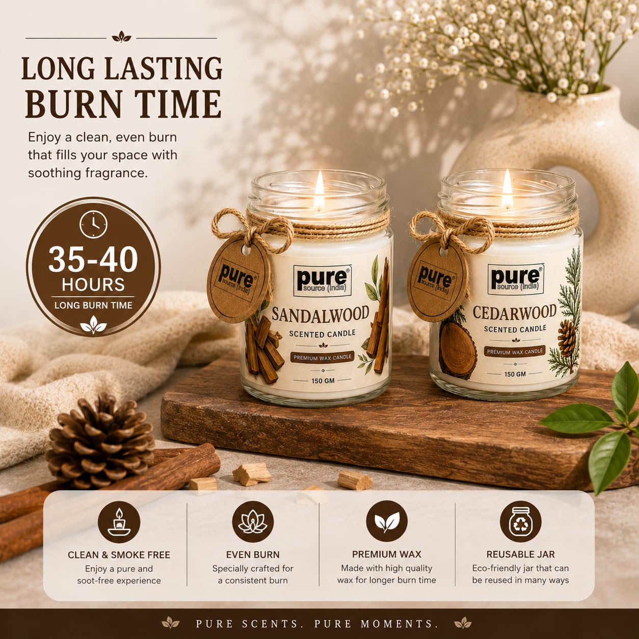 Pure Source India Scented Jar Candle Set of 2 (Sandalwood & Cedarwood) | 150g Each | Premium Wax Candles | 35-40 Hours Burn Time | Aromatherapy Candles for Home Decor, Diwali, Bedroom, Spa & Gifts